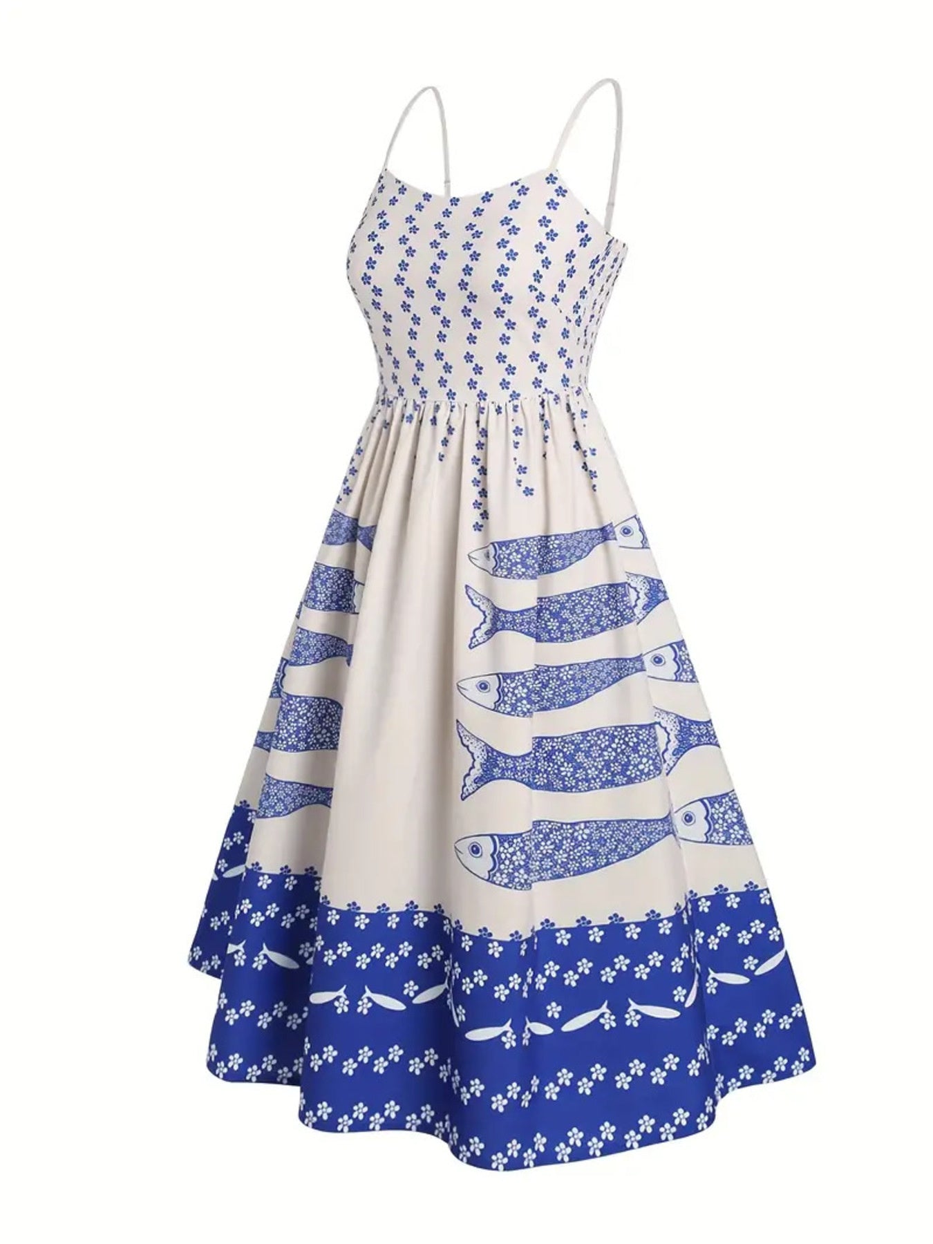 Sardine Print Spaghetti Strap Midi Dress by Bellebijouix in cream with blue fish patterns and floral border