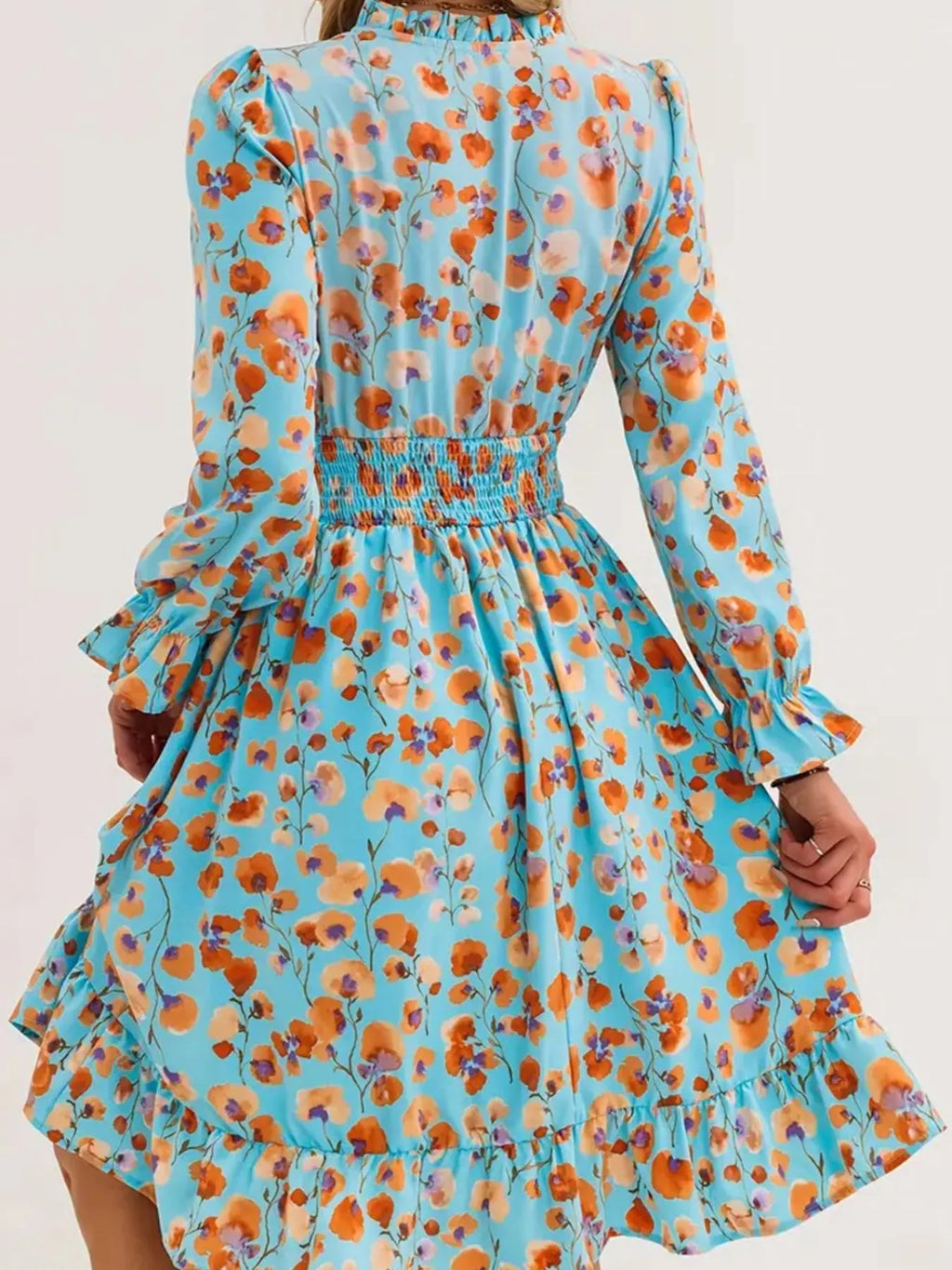 Floral Print Flounce Sleeve Ruffle Hem Dress by Belle Bijouix, blue floral pattern.