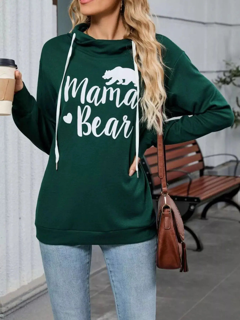 Letter Drawstring long sleeve hoodie in green with Mama Bear graphic.