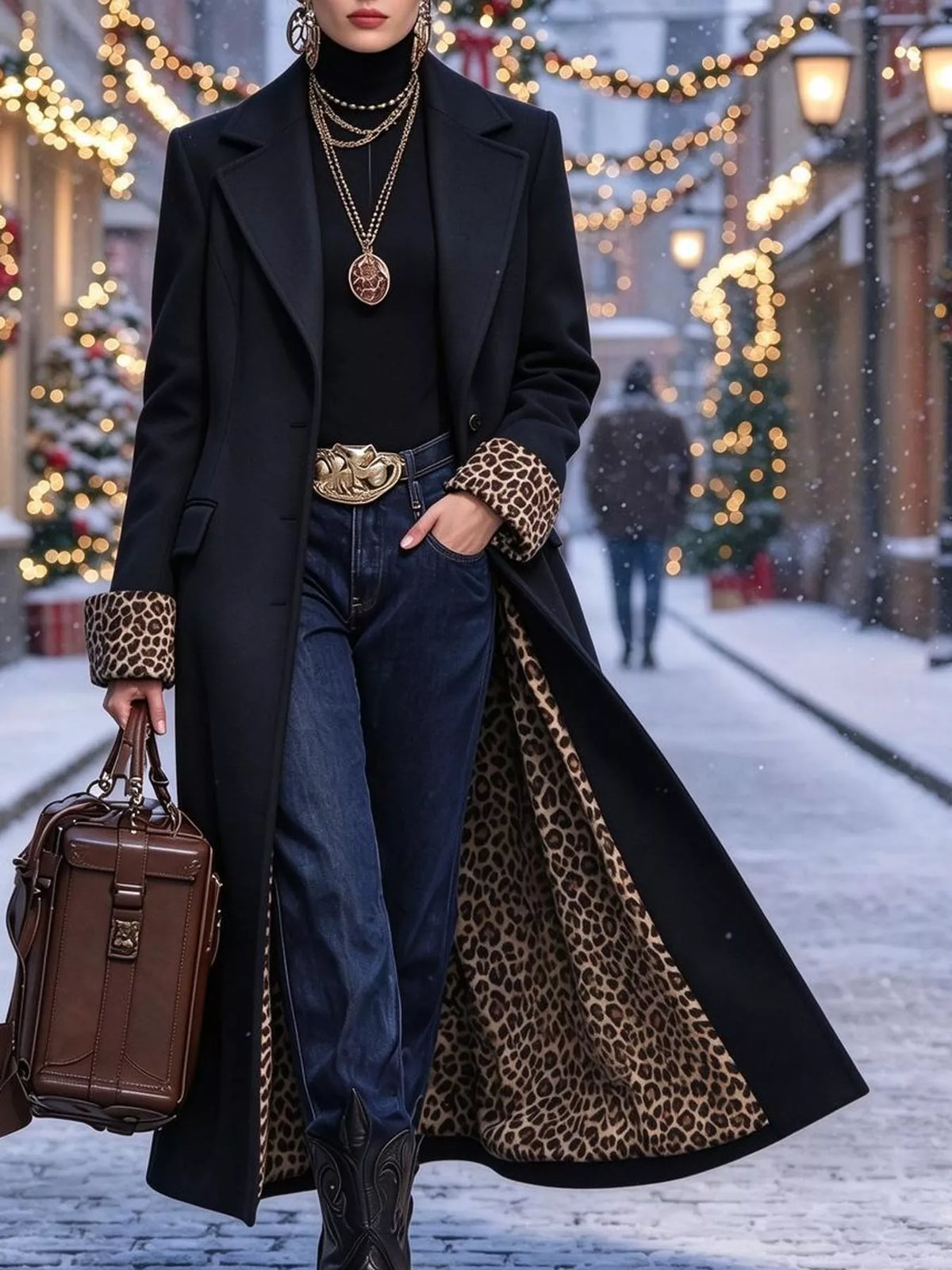 Leopard-Lined Longline Coat in Black by Belle Bijouix – view 5 of 13