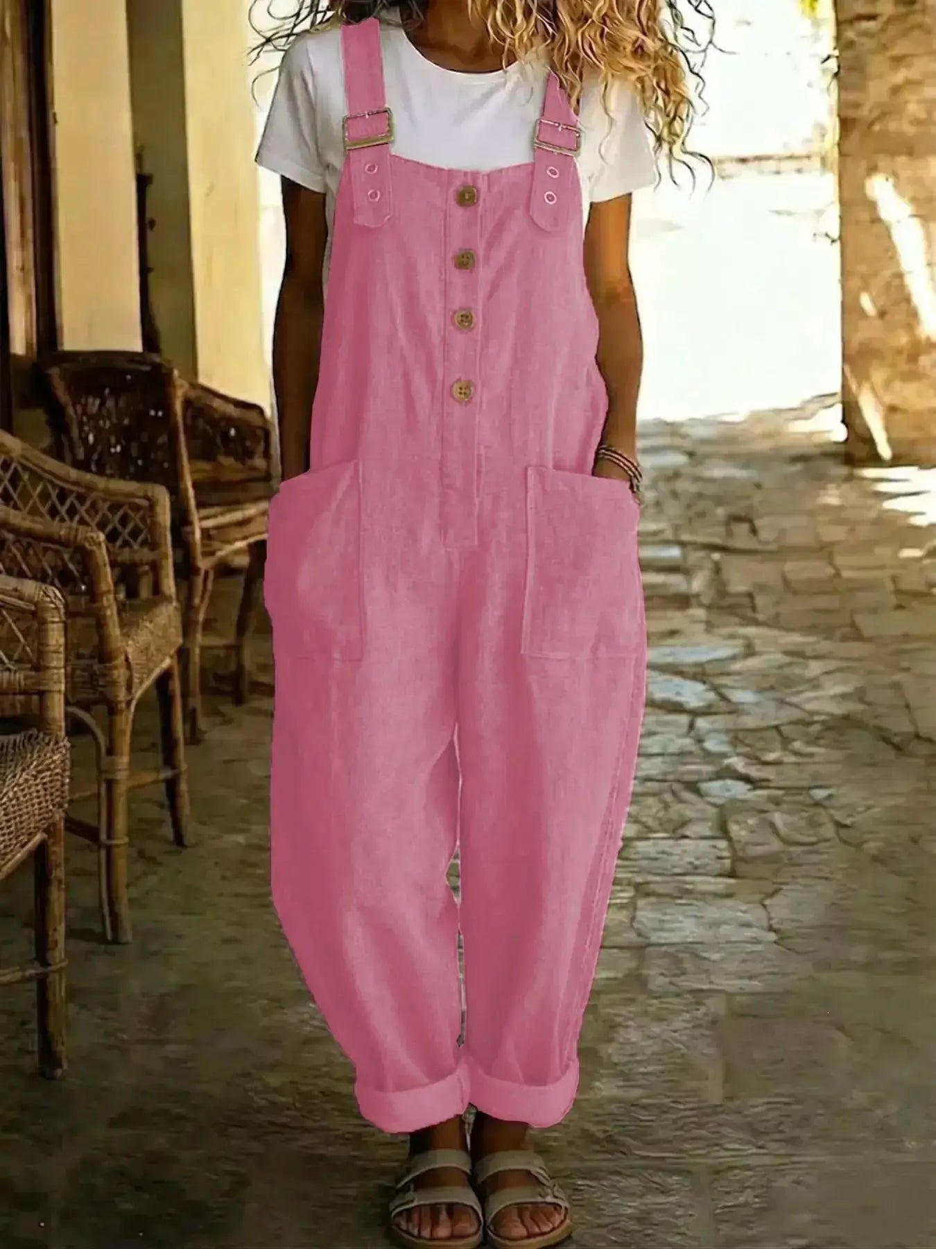 Casual Button Front Wide Leg Overalls, pink one-piece with pockets by Belle Bijouix