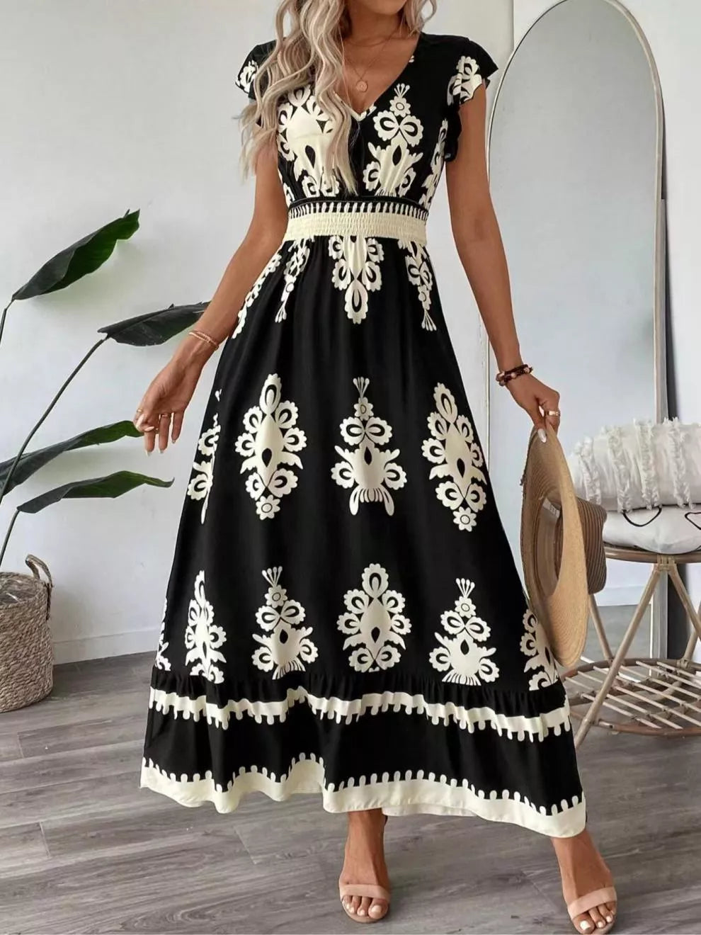 Printed V-Neck Ruffled Cap Sleeve Dress by Belle Bijouix, black with ivory ornate print and smocked waist