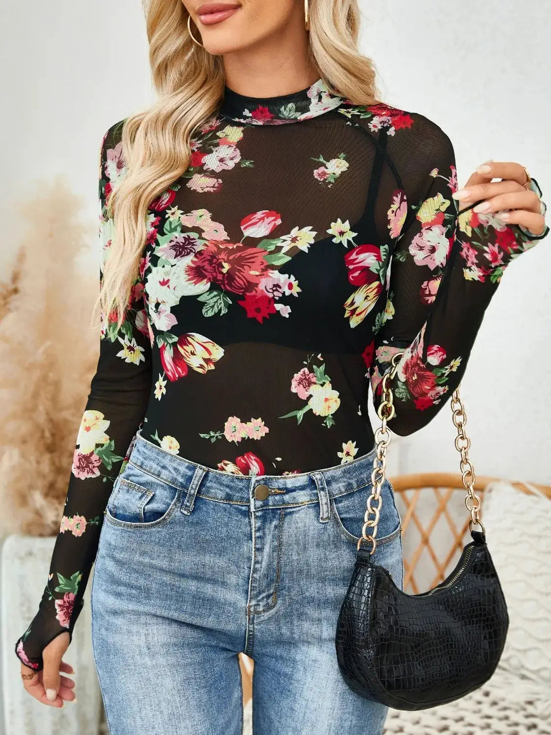 Floral Mock Neck Long Sleeve Top in black sheer mesh with colorful blooms.