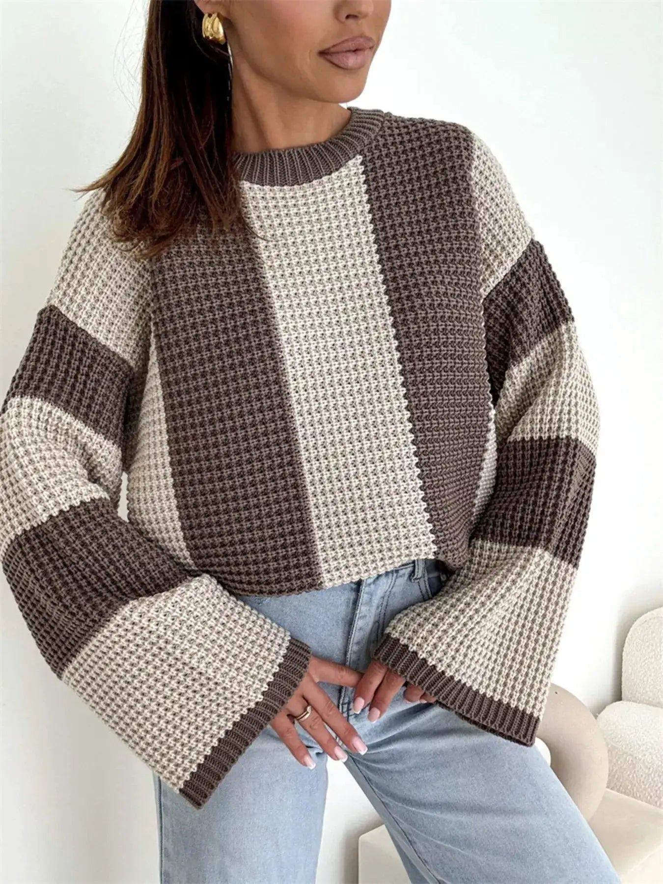 Color Block Long Sleeve Sweater by Belle Bijouix; oversized knit in beige and brown blocks.