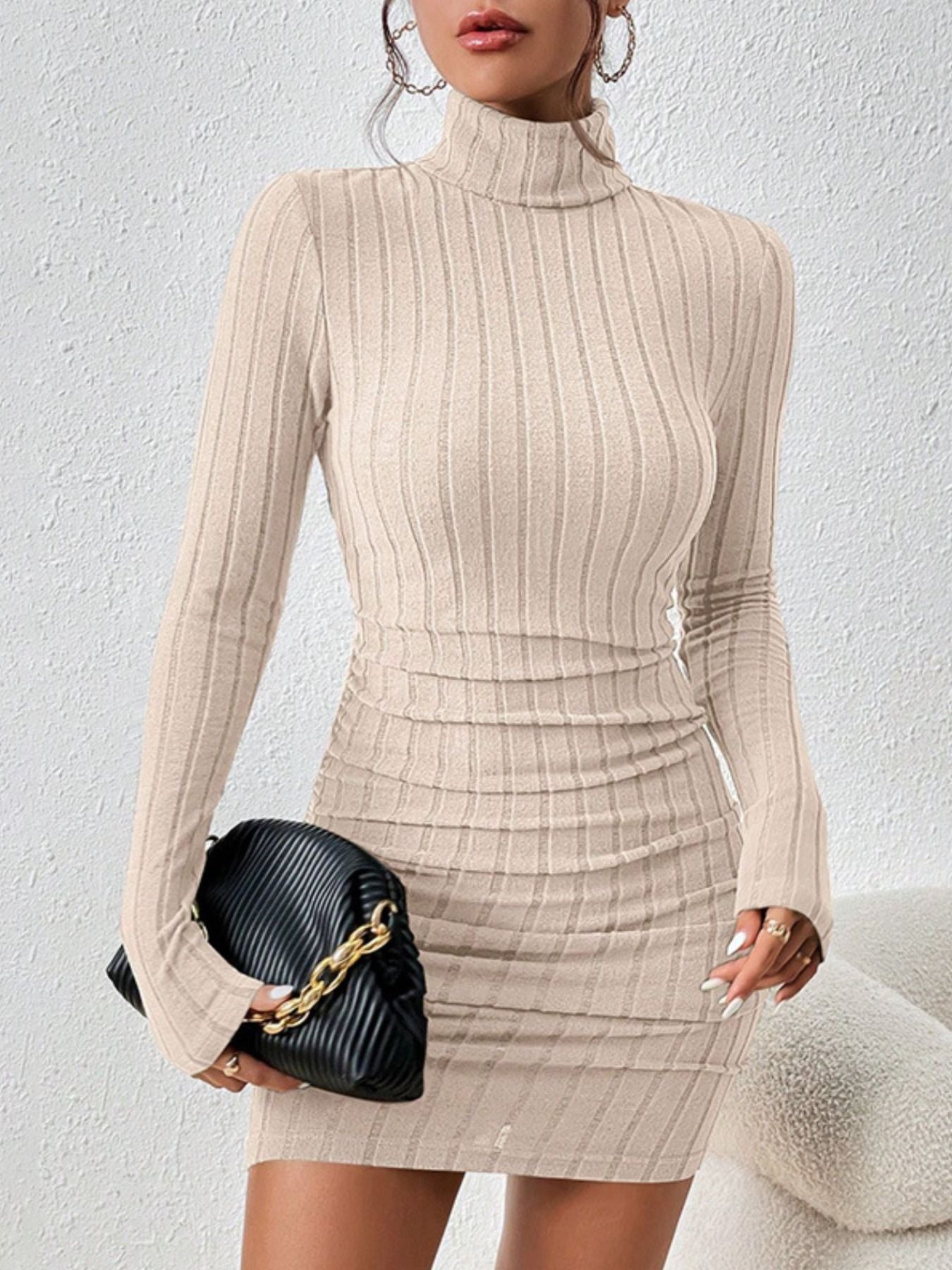 Turtleneck ribbed bodycon mini dress in beige knit fabric, long sleeves