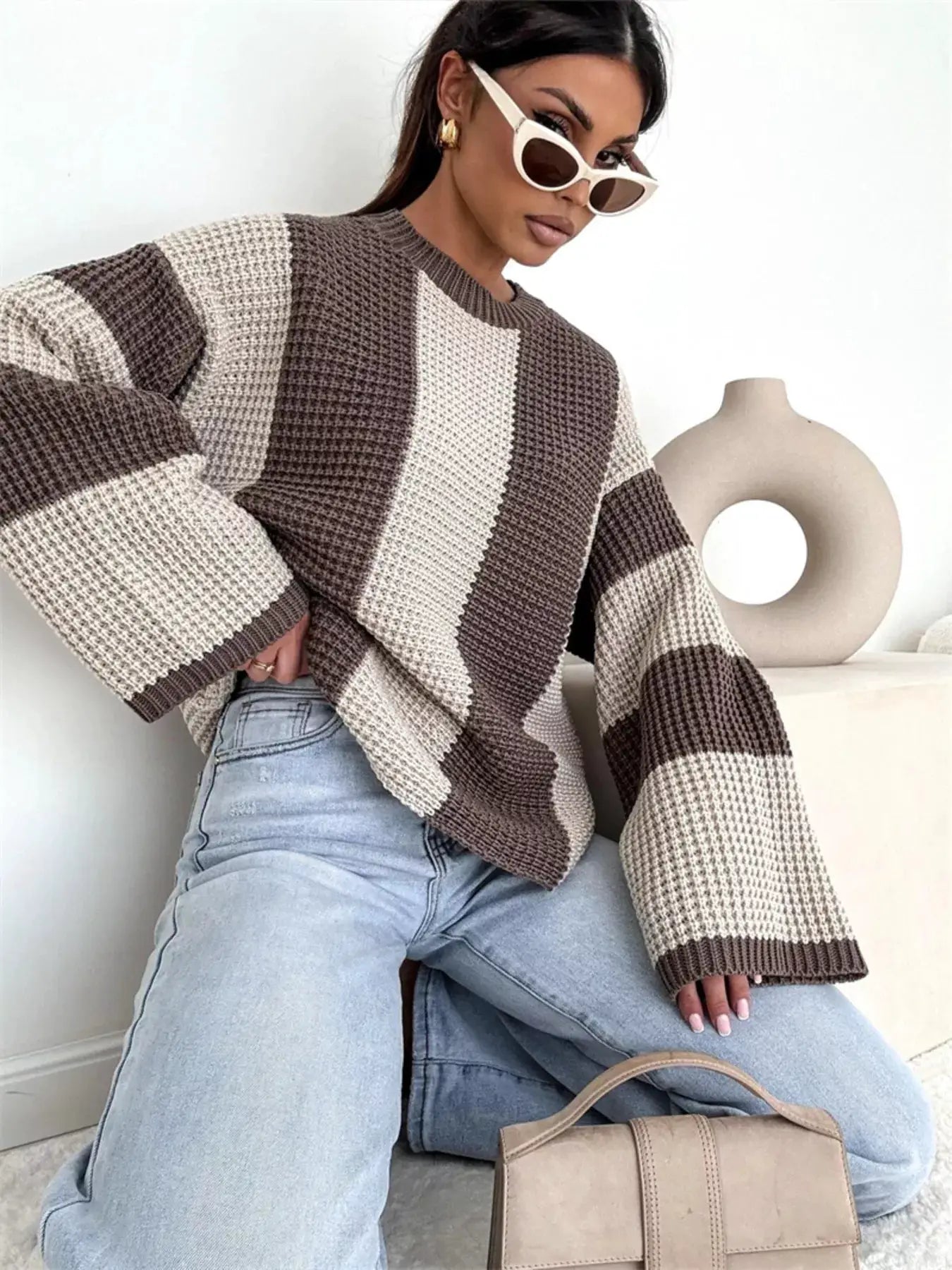 Color Block Long Sleeve Sweater by Belle Bijouix in brown and beige oversized knit, worn with light jeans.