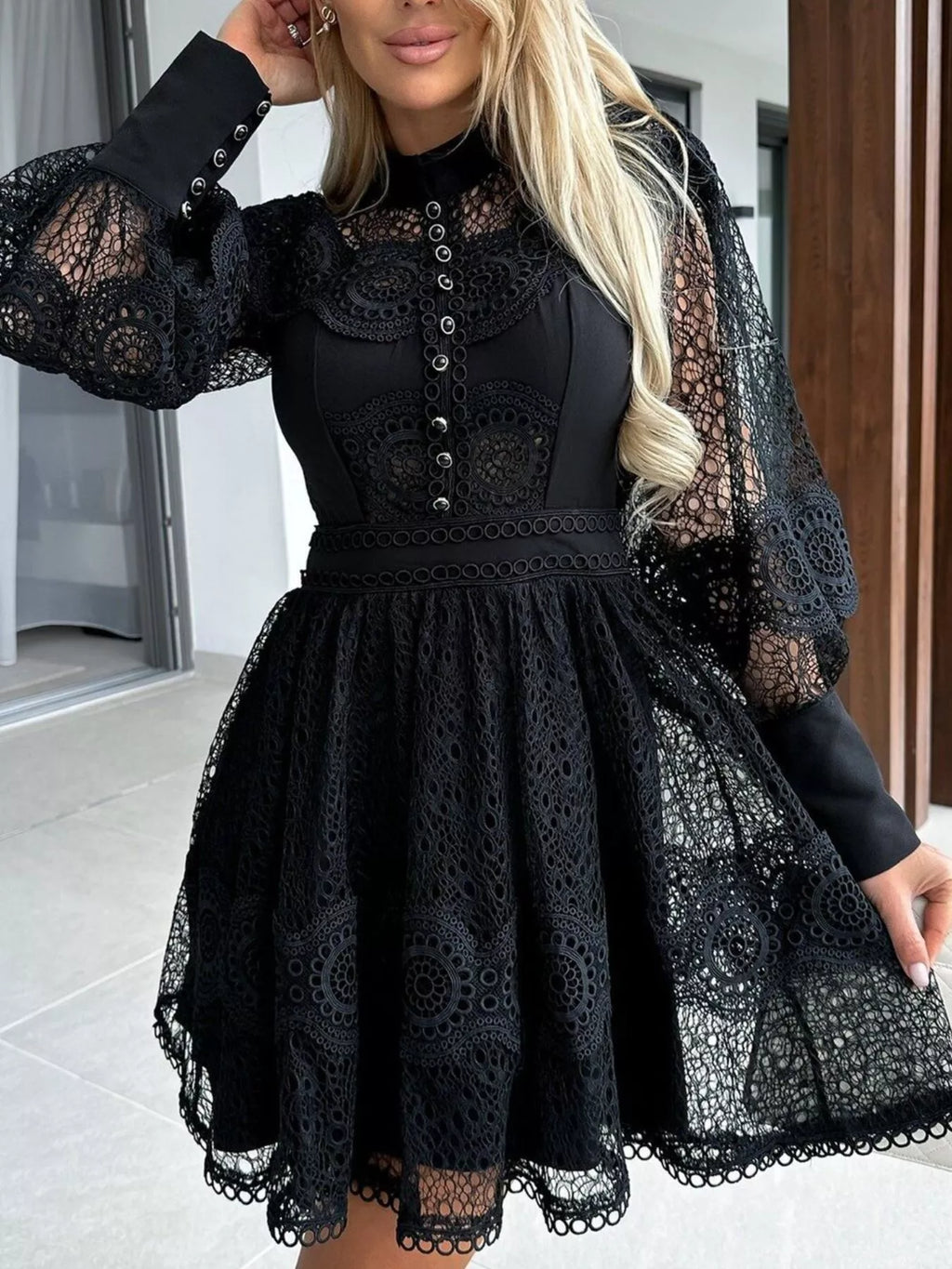 Lace Lantern Sleeve Mini Dress in black with buttoned front.