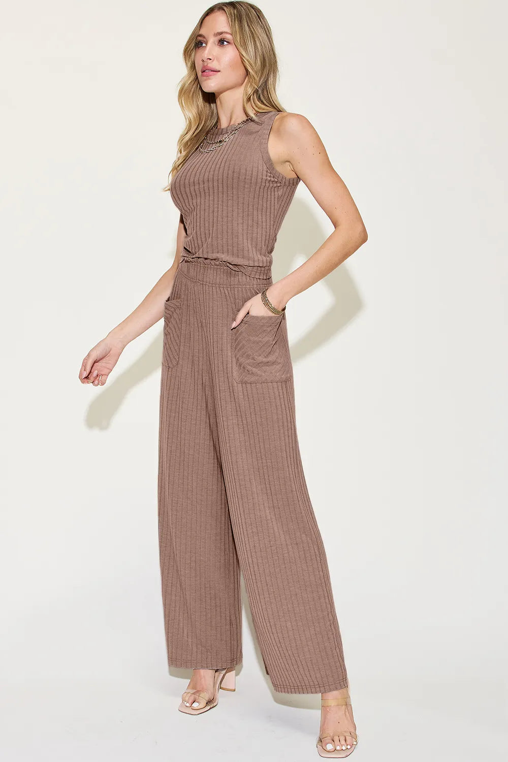Basic Bae ribbed tank and wide-leg pants set in taupe with front pockets