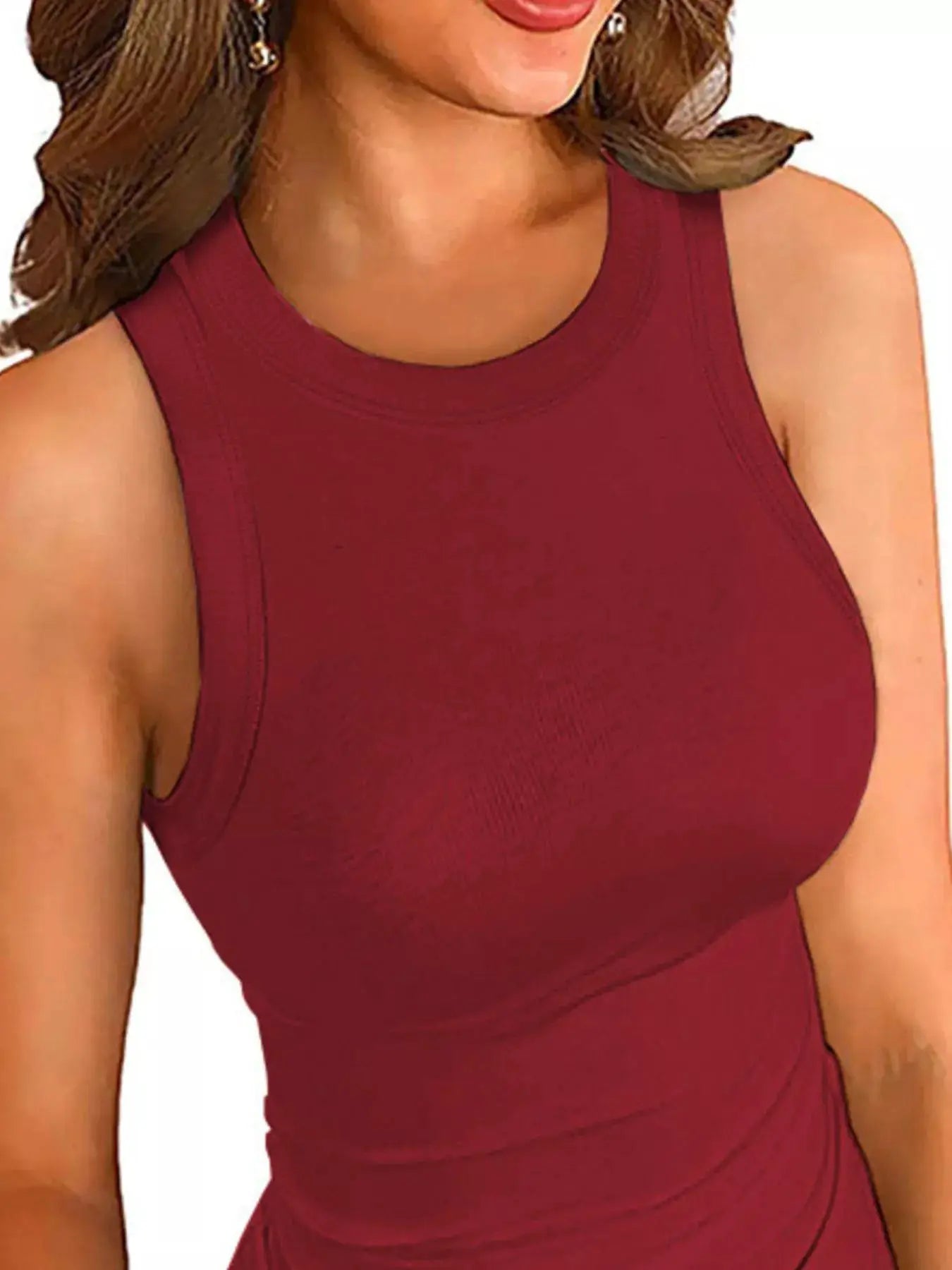 Full Size Ribbed Round-Neck Tank Plus Size burgundy by Trendsi