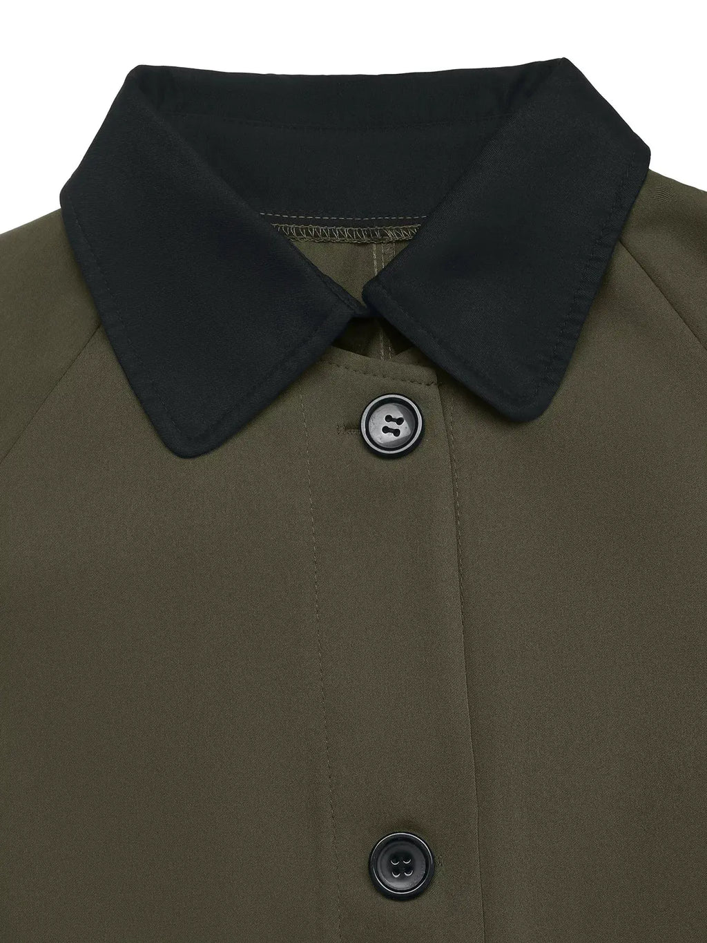 Contrast Collar Button Up Coat by Belle Bijouix, olive with black collar, buttoned front, pocketed