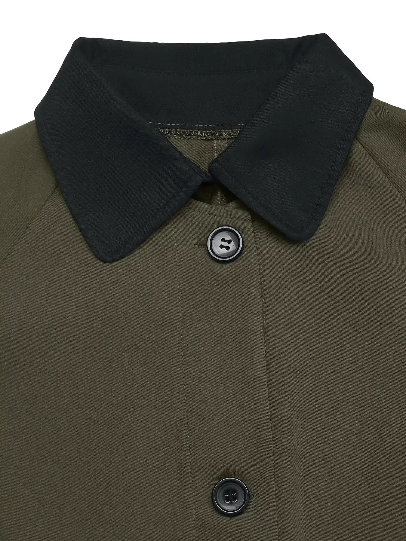 Contrast Collar Button Up Coat by Belle Bijouix, olive with black collar, buttoned front, pocketed