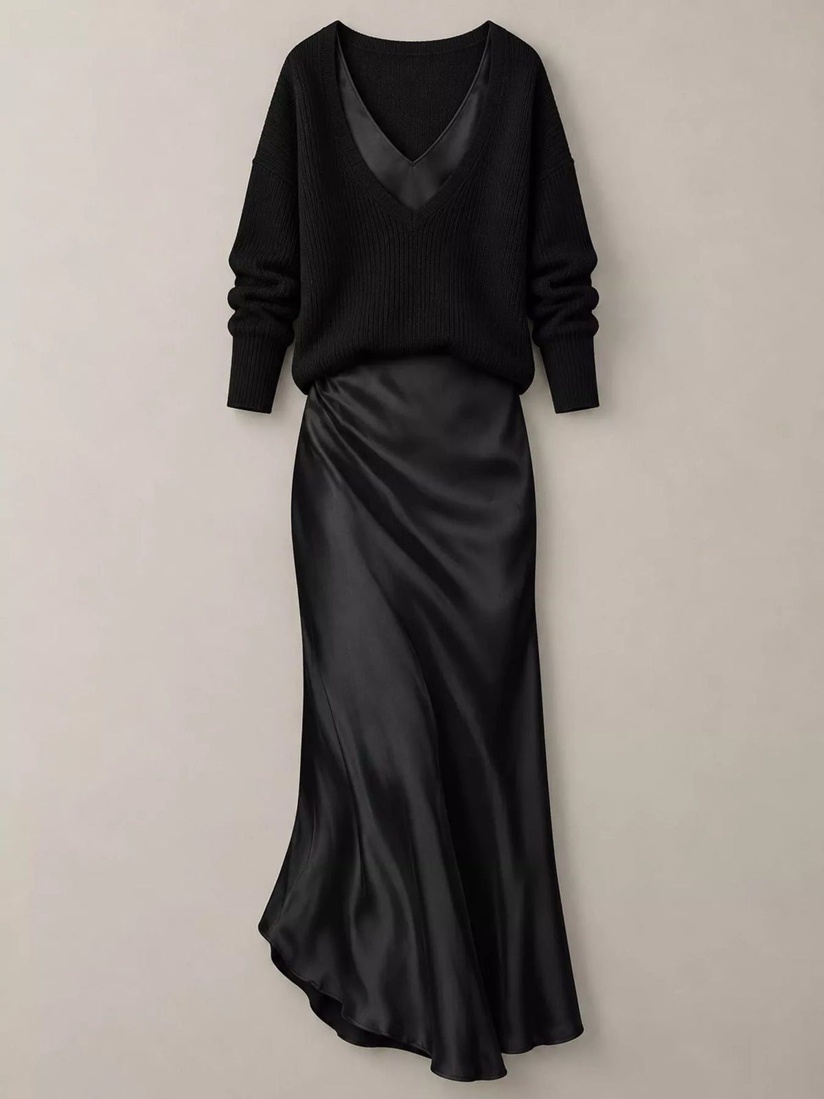 V-Neck Sweater & Satin Slip Maxi Dress Set in Black by Belle Bijouix – view 8 of 41