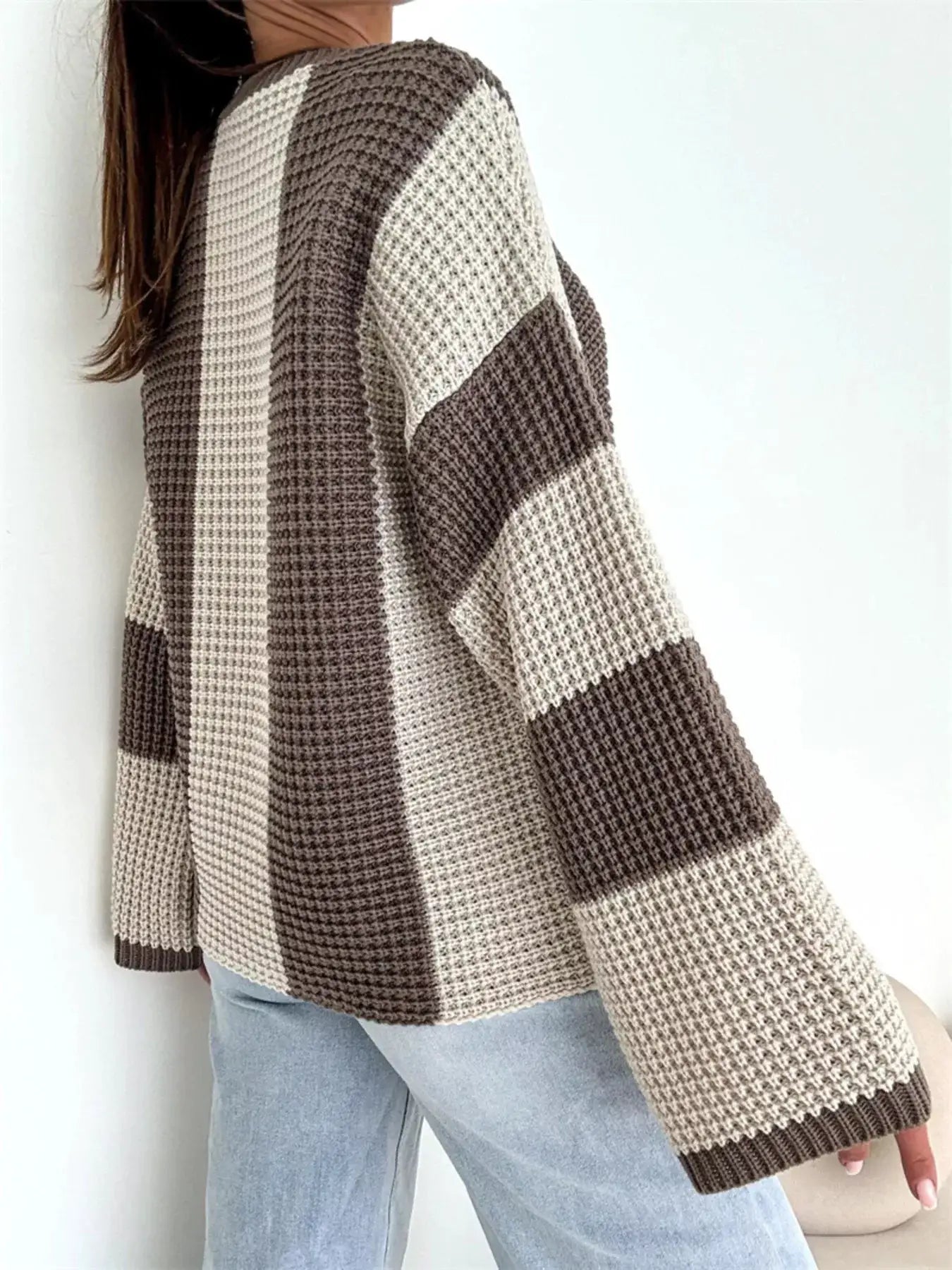 Color Block Long Sleeve Sweater, oversized knit in brown and beige blocks