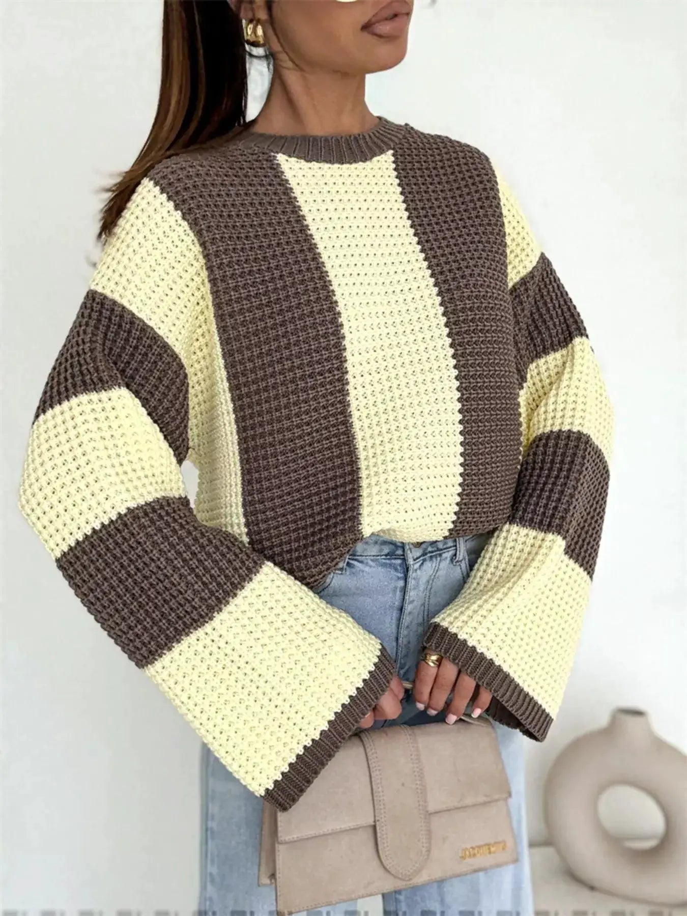 Color Block Long Sleeve Sweater, oversized brown and cream knit top
