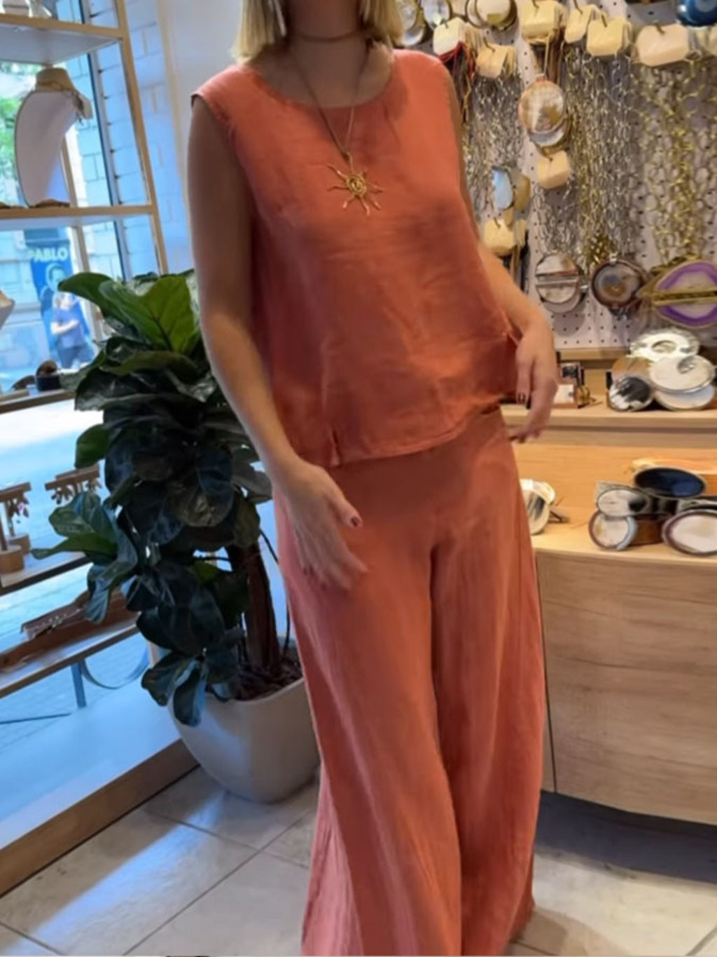 Full-size round-neck tank and pants set in terracotta for plus size