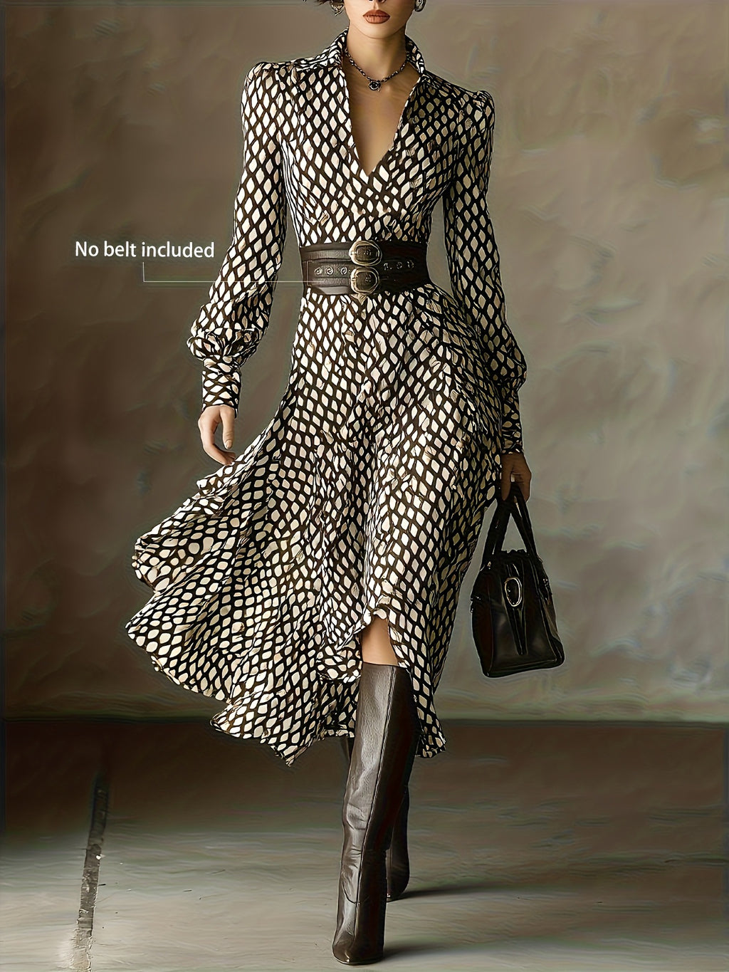 Printed Long Sleeve Midi Dress in black and ivory geometric pattern with a wide belt