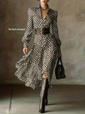 Printed Long Sleeve Midi Dress in black and ivory geometric pattern with a wide belt
