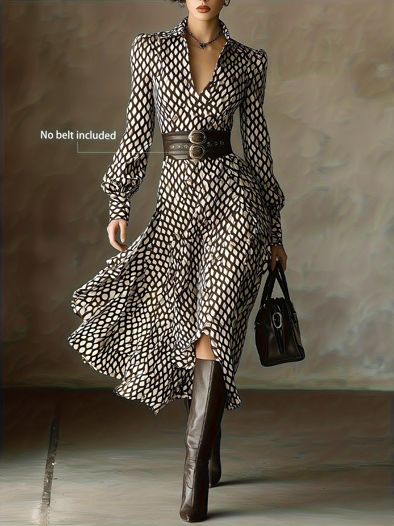 Printed Long Sleeve Midi Dress in black and ivory geometric pattern with a wide belt