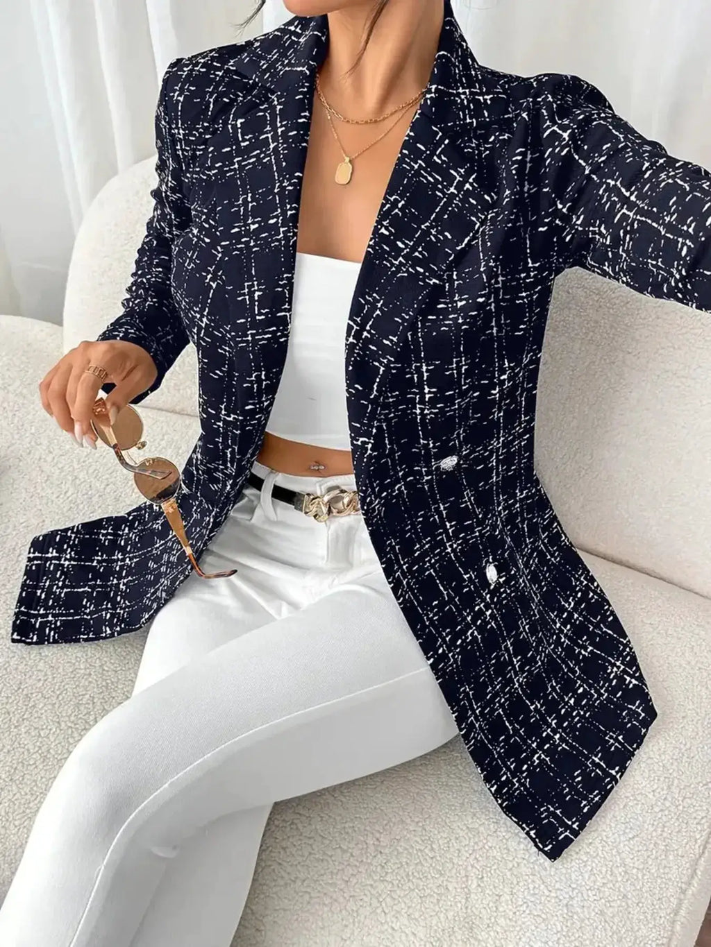 Tweed Double-Breasted Blazer, navy with white grid pattern