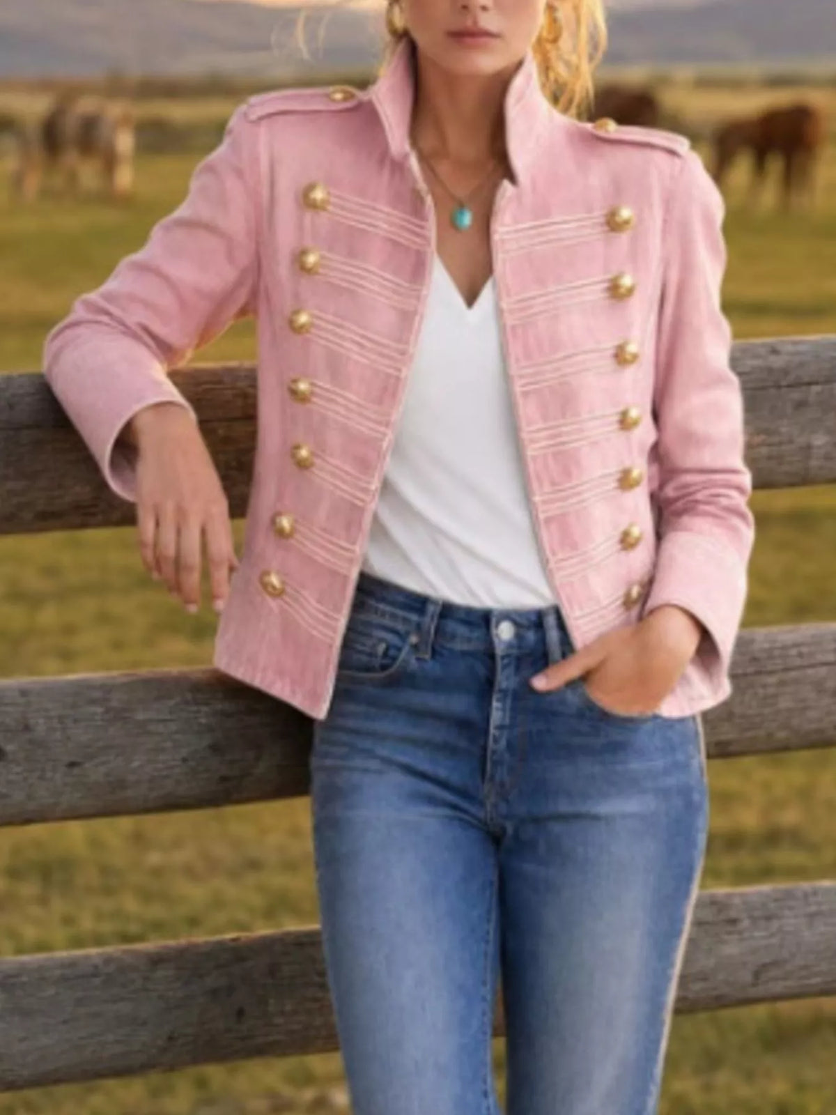 Military Denim Jacket with Gold Buttons by Belle Bijouix – view 4 of 5