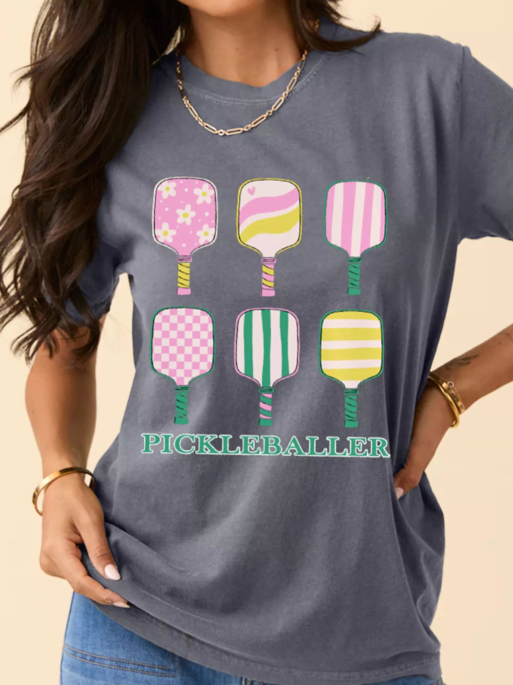 PICKLEBALLER Playful Bats Printed Casual T Shirt by Belle Bijouix, blue-gray top with six pastel paddle graphics