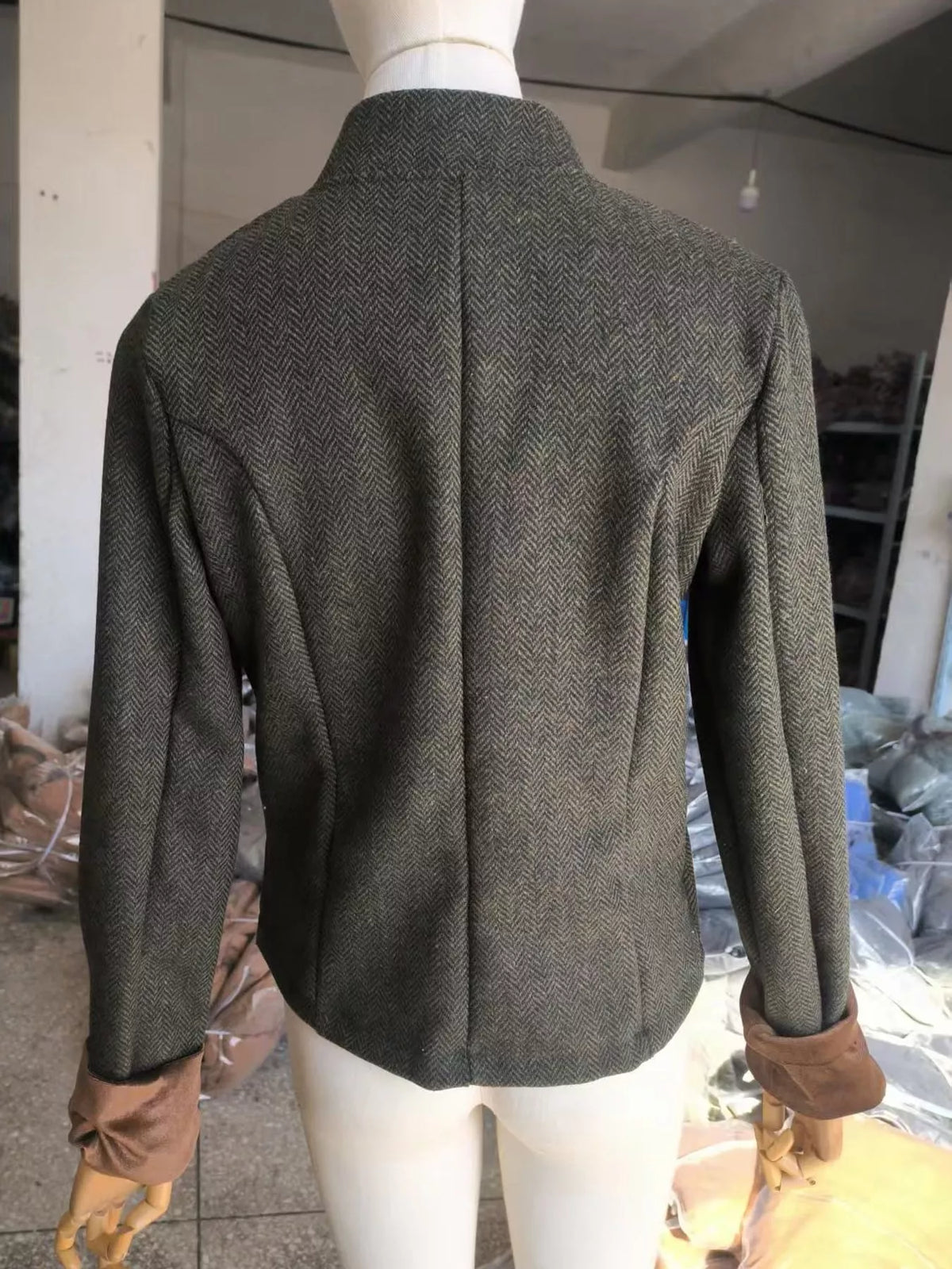 Herringbone Tweed Blazer with Velvet Cuffs in Army Green by Belle Bijouix – view 8 of 10