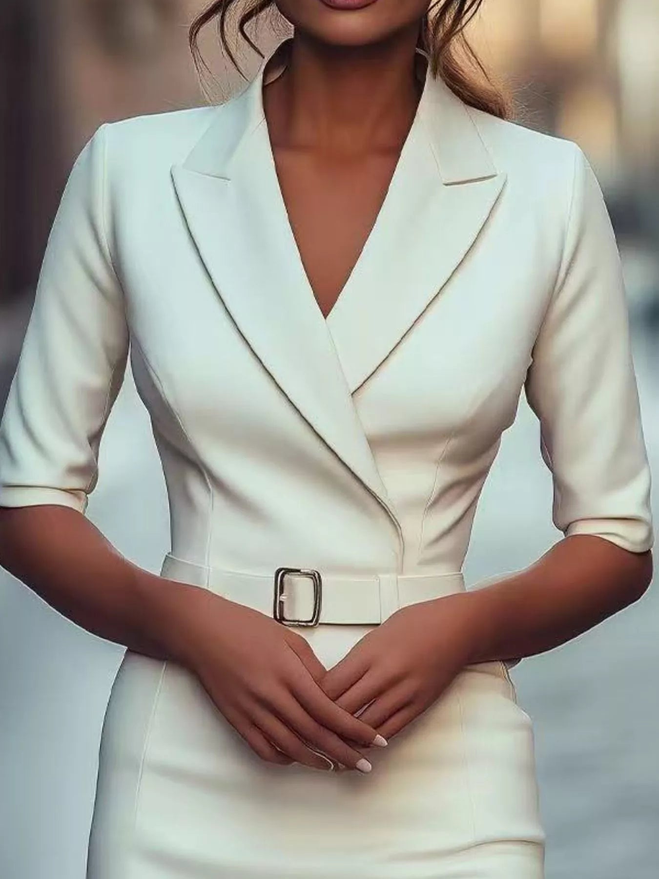 Surplice half-sleeve dress, belted, cream/ivory, Belle Bijouix