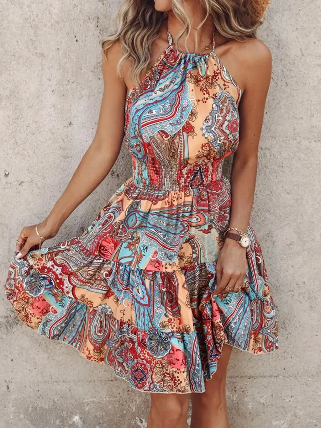 Paisley Print Halter Neck Mini Dress For Women With Retro Inspired Flirty Look Perfect For Summer