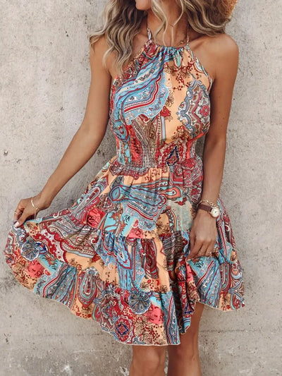 Paisley Print Halter Neck Mini Dress For Women With Retro Inspired Flirty Look Perfect For Summer