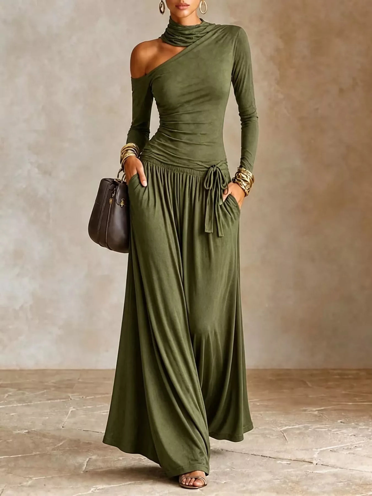 Asymmetric Cutout Long Sleeve Maxi Dress in Army Green by Belle Bijouix – view 10 of 11
