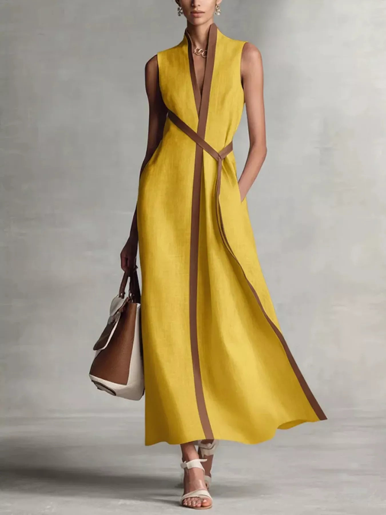 Trendsi plus-size sleeveless maxi dress in yellow with brown contrast trim and wrap belt