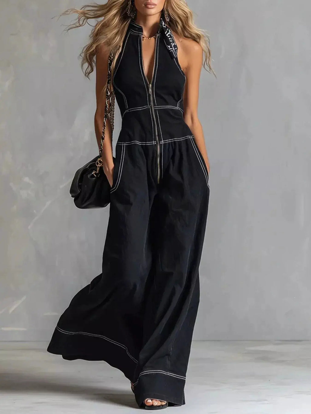 Zip-front sleeveless black jumpsuit with wide-leg pants and white contrast stitching