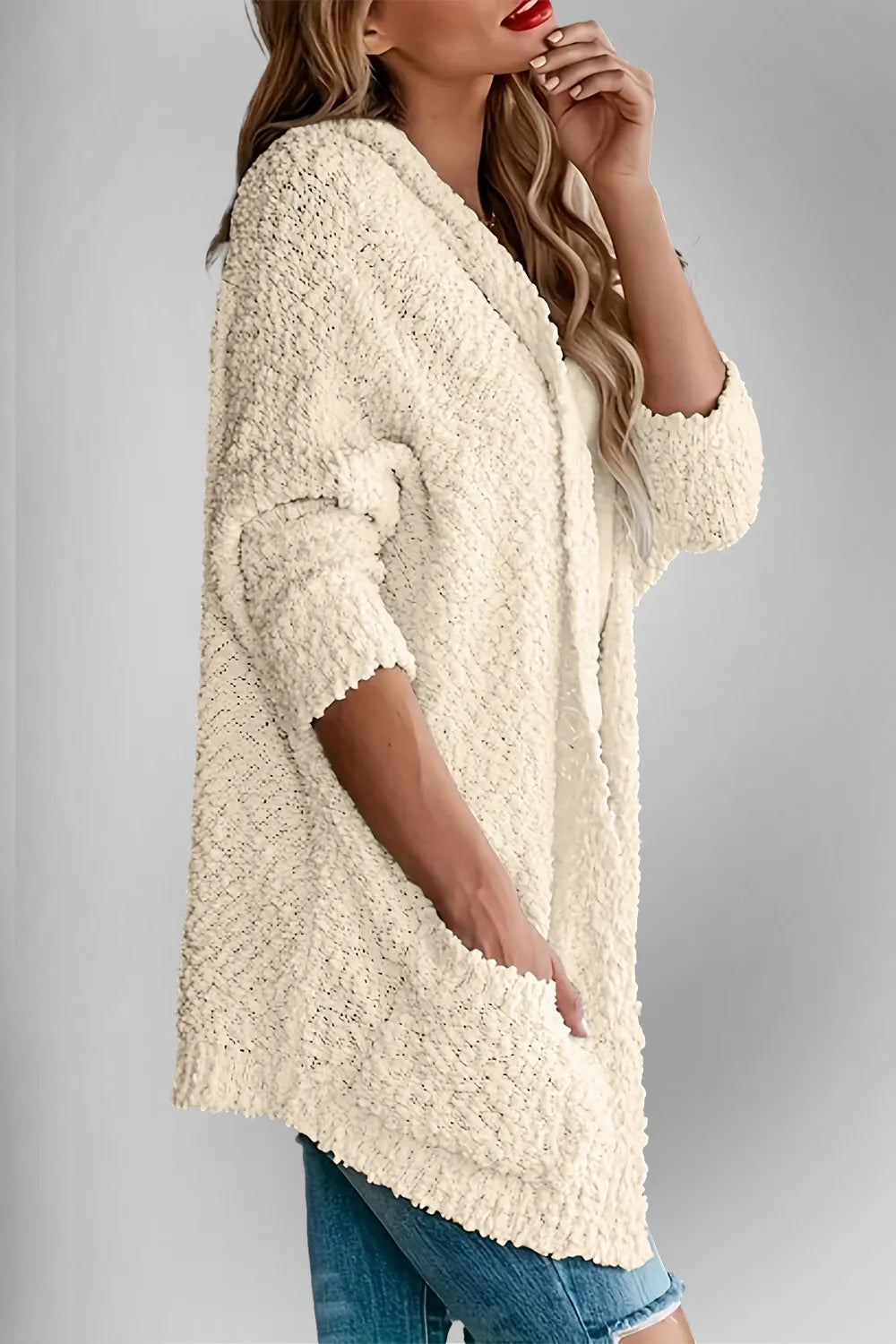 Double Take Pocketed Open Front Cardigan in cream sherpa knit with pockets, Belle Bijouix sweater.