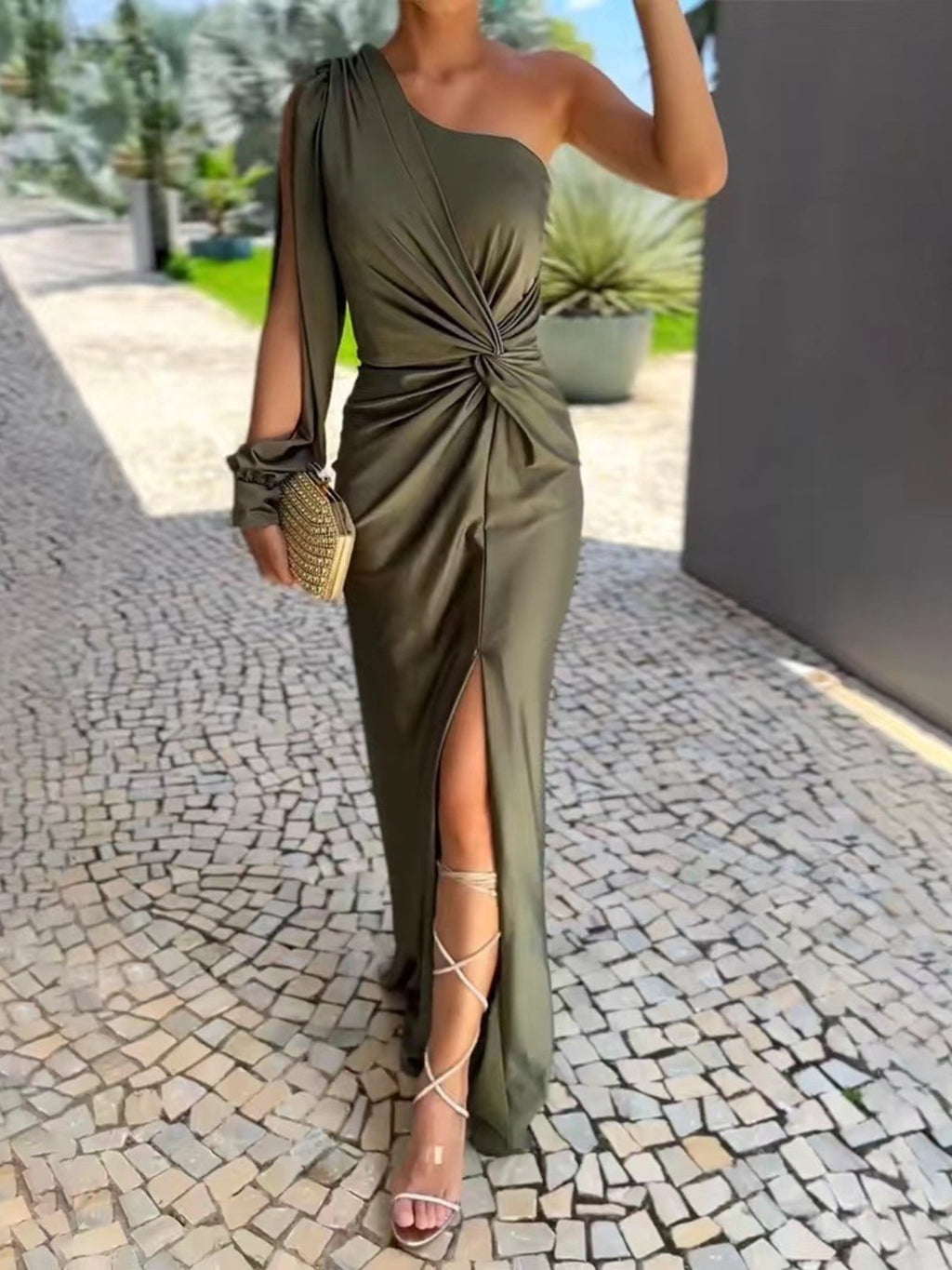 Plus-size olive green satin-like one-shoulder knot-detail maxi dress with front slit