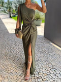 Plus-size olive green satin-like one-shoulder knot-detail maxi dress with front slit