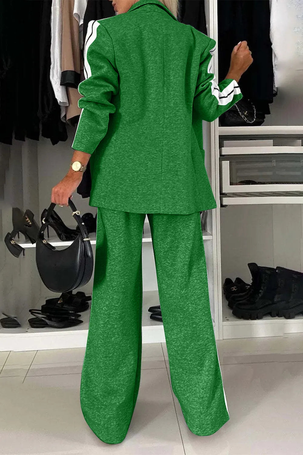 Full Size Contrast Lapel Collar Top and Pants Set in green with white sleeve stripes, Belle Bijouix sleepwear