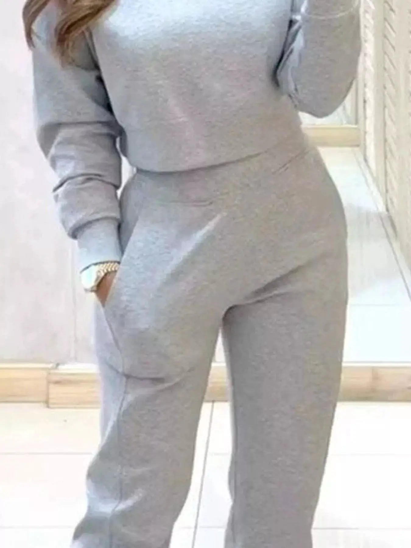 Casual Chic Cropped Sweatshirt and Jogger Set by Belle Bijouix, gray active loungewear with pockets