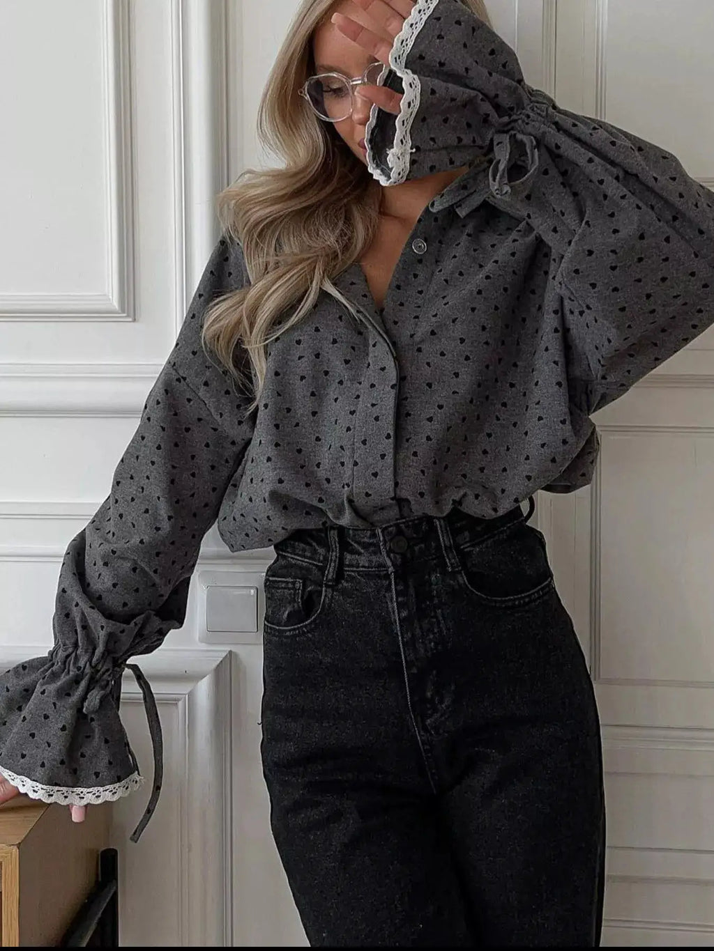 Heart print button-up flounce-sleeve top by Belle Bijouix in gray with small black hearts