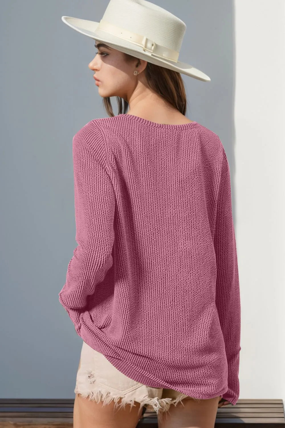 Double Take Full Size Notched Thumbhole Long Sleeve T-Shirt pink knit sweater, back view
