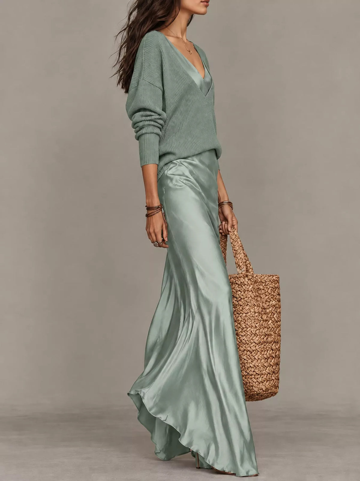 V-Neck Sweater & Satin Slip Maxi Dress Set in Teal by Belle Bijouix – view 34 of 41