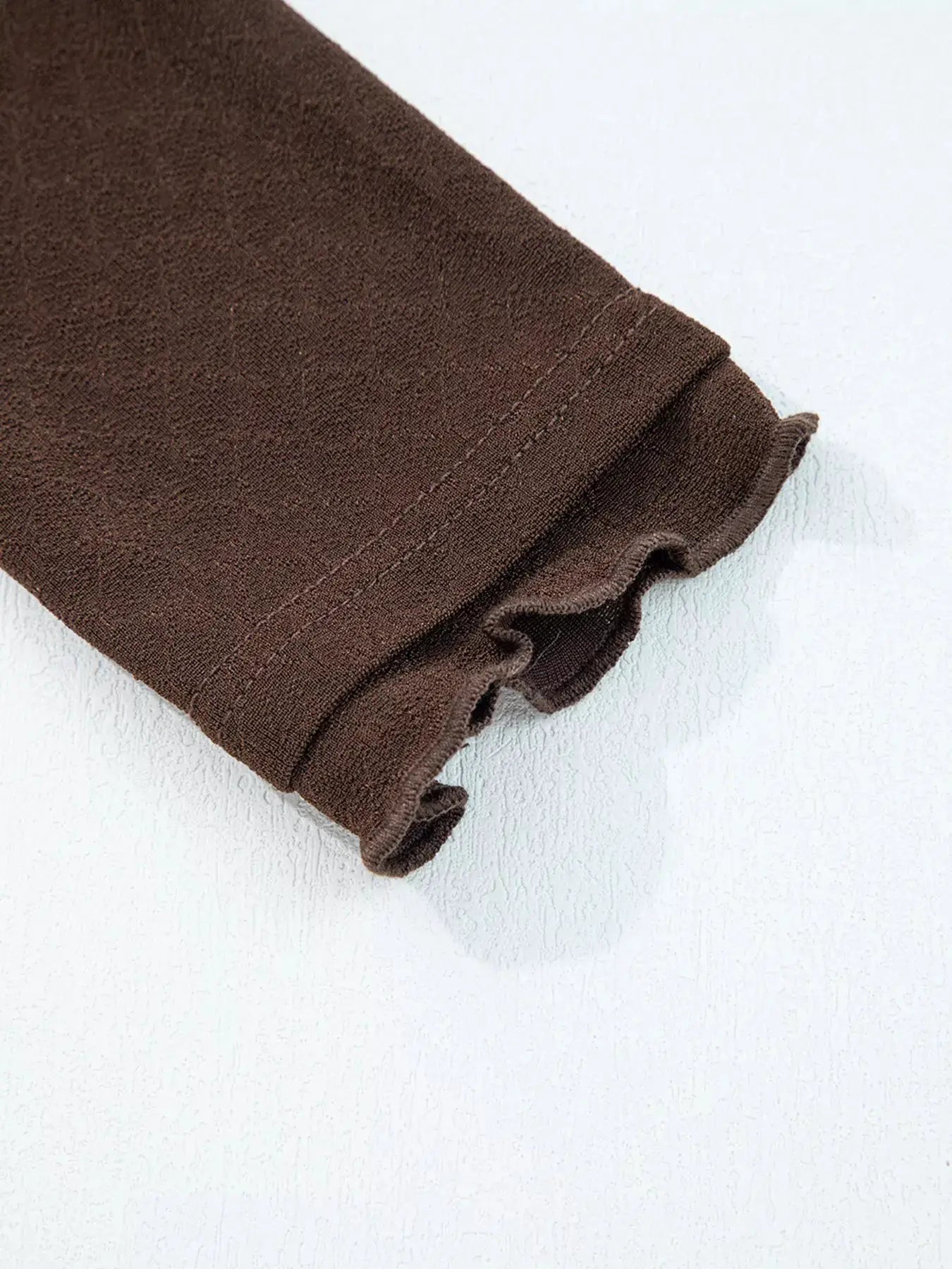 Lettuce Trim Patchwork Jacquard Long Sleeve Top in brown with a ruffled lettuce-edge cuff