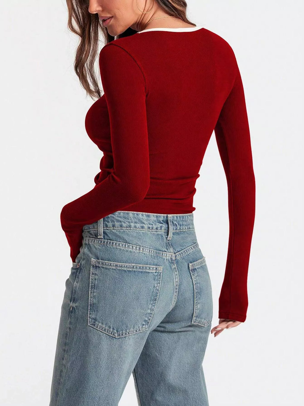 Scoop Neck Long Sleeve T-Shirt by Belle Bijouix, red ribbed knit top