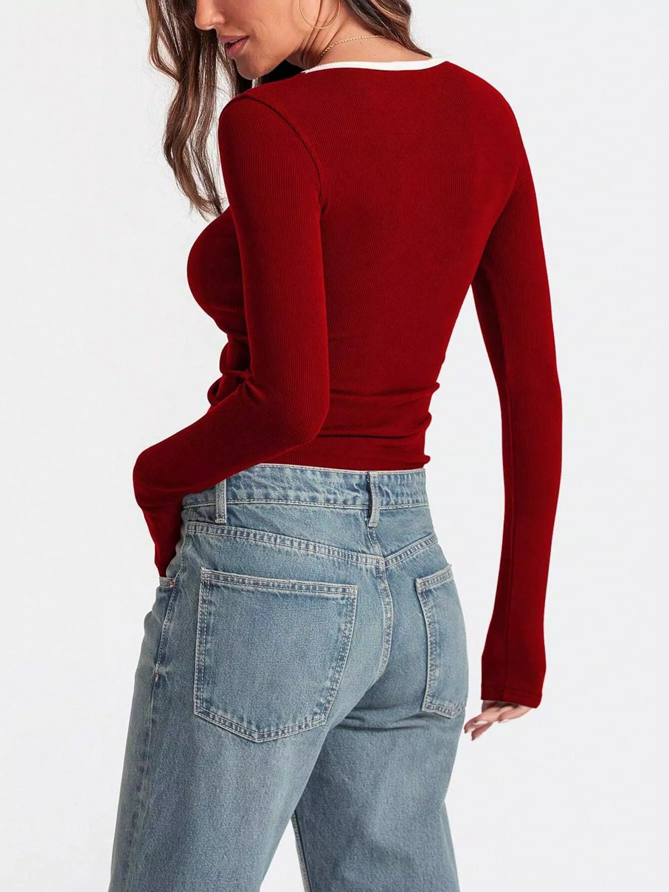 Scoop Neck Long Sleeve T-Shirt by Belle Bijouix, red ribbed knit top