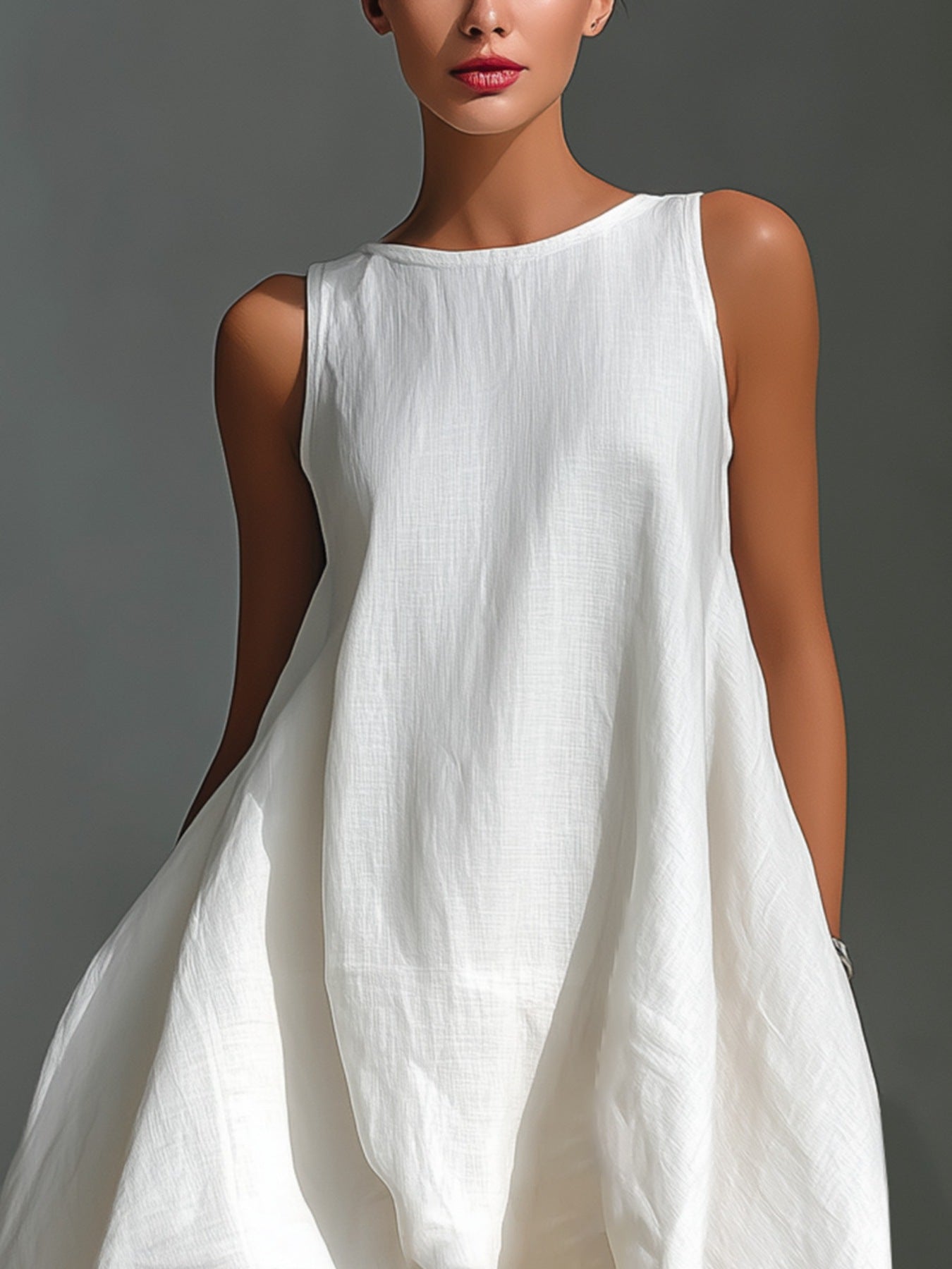 Sleeveless high-low hem dress by Trendsi in white linen-like fabric