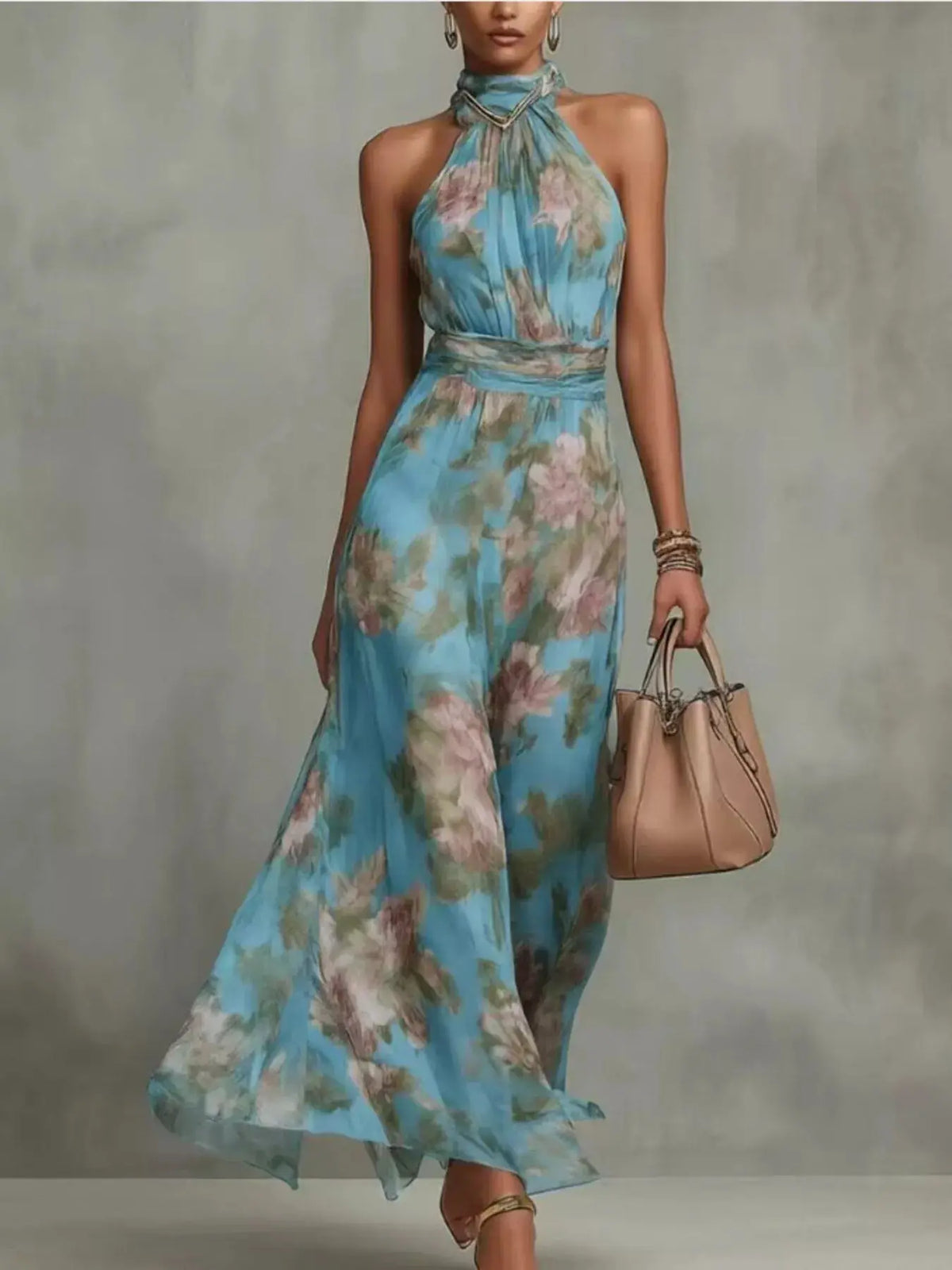 Full Size Floral Print Sleeveless Maxi Dress  in blue with pink flowers, plus size