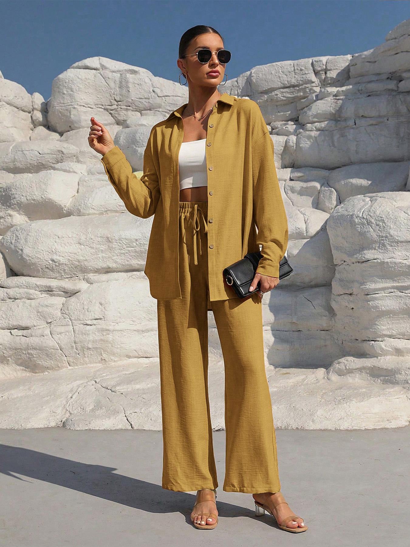 Trendsi Button Up Long Sleeve Shirt and Pants Set in mustard linen; wide-leg pants