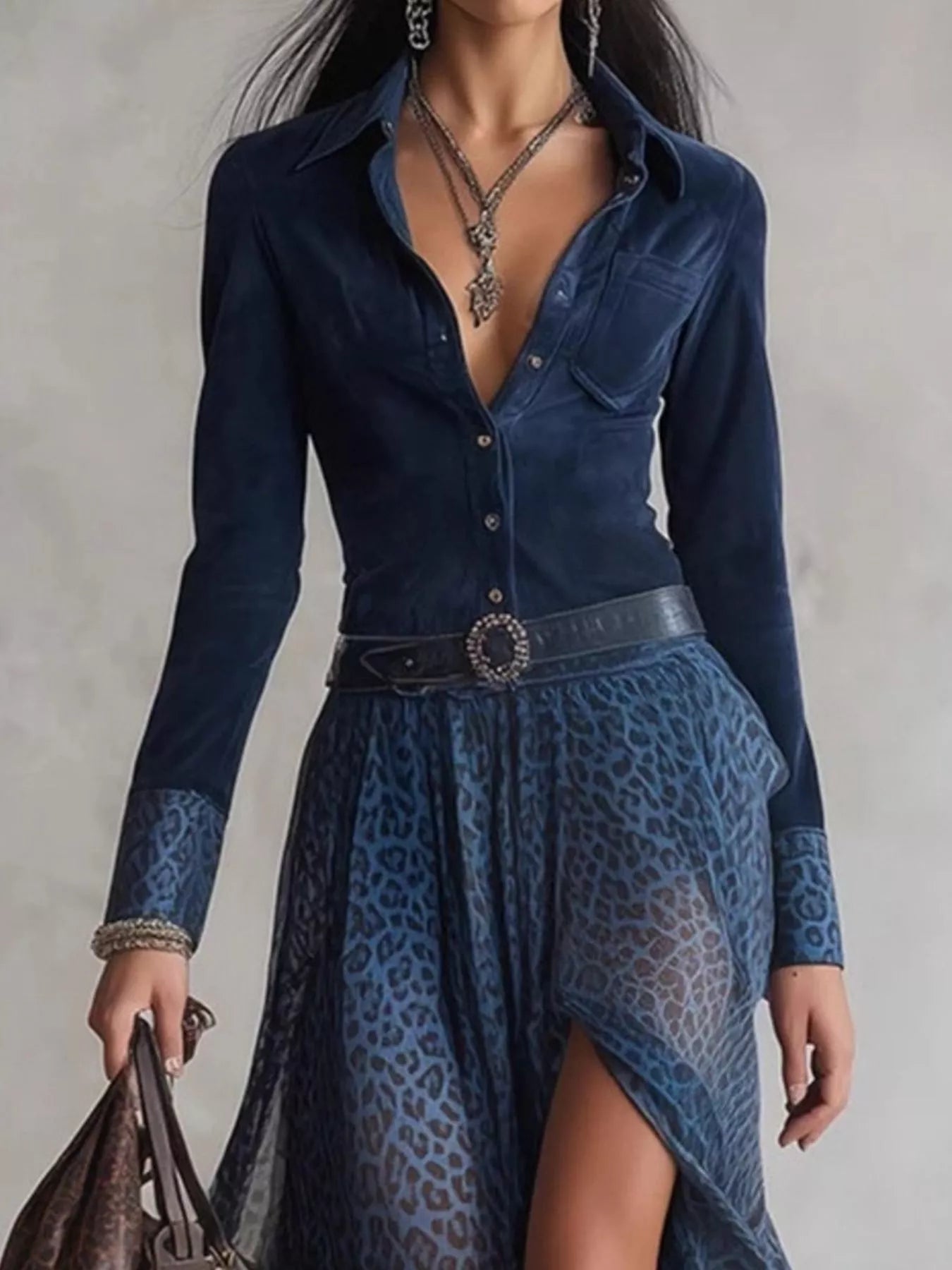 Trendsi navy leopard-print maxi dress with button-front bodice, belt, and slit