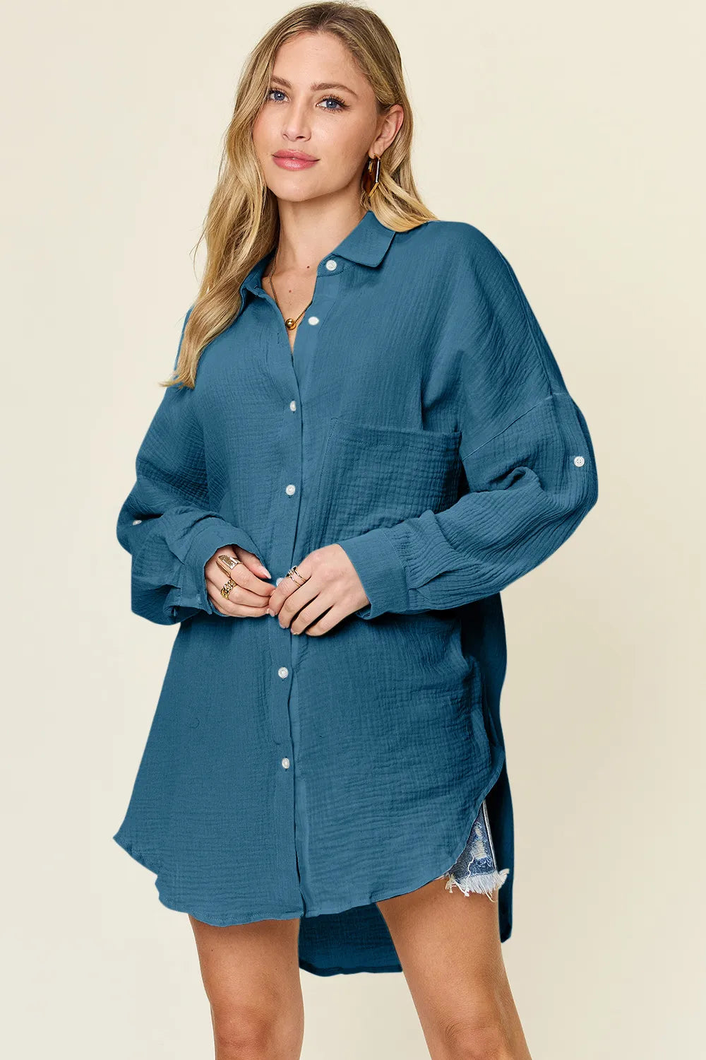 Double Take full-size pocketed texture button-up shirt in teal blue with front chest pocket, loose-fit