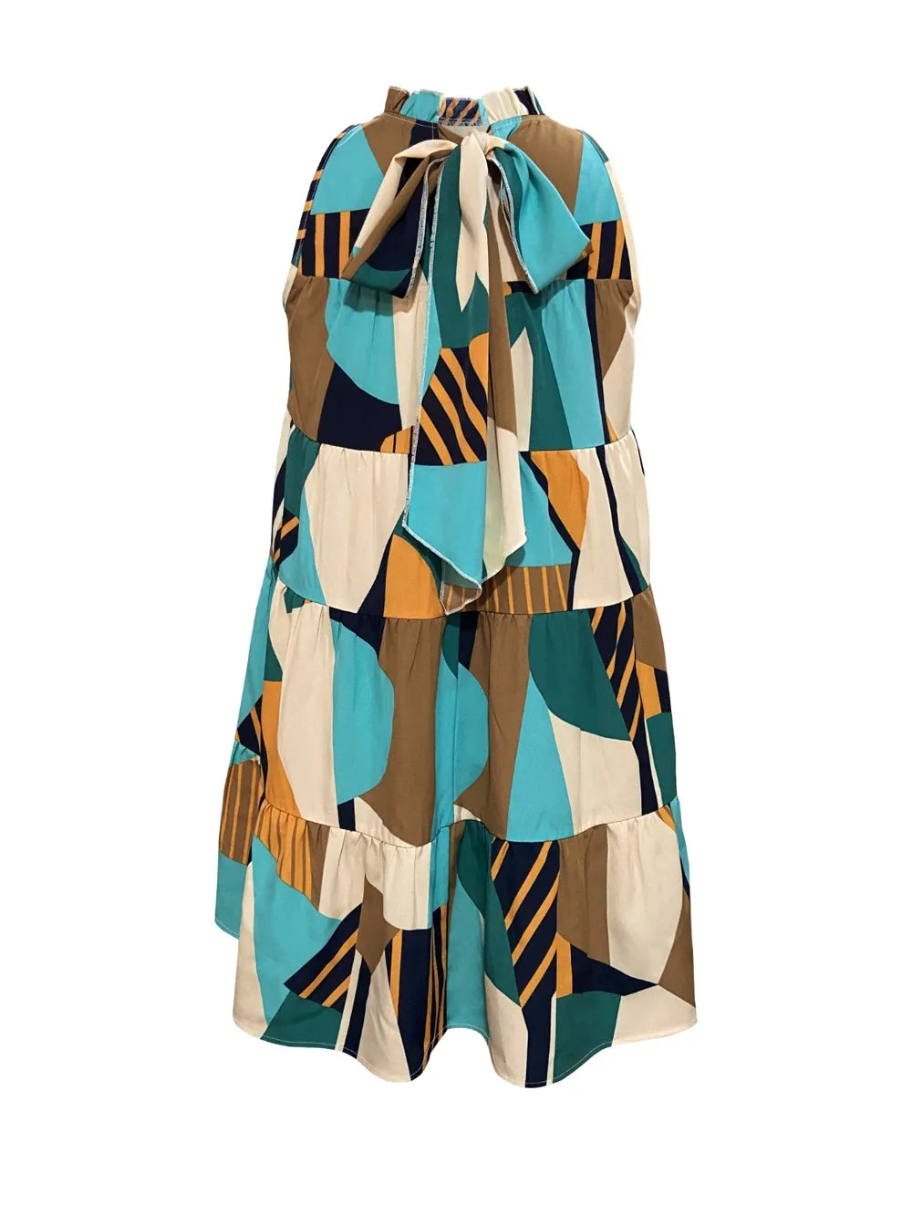 Printed mock-neck mini dress in teal, beige, and brown geometric print with tiered skirt and neck bow.