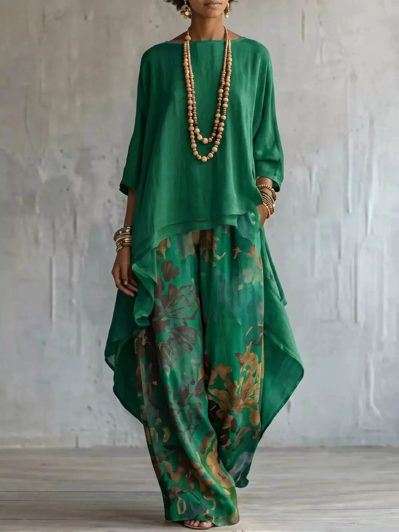 Asymmetrical Hem Top and Floral Pants Set in green with gold floral print